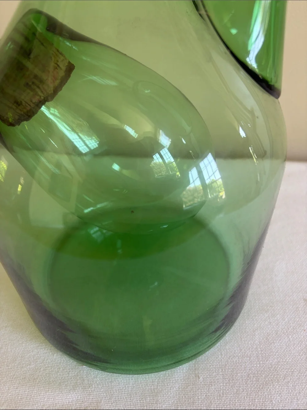 Green Blown Glass Italian wine decanter with ice holder inside.